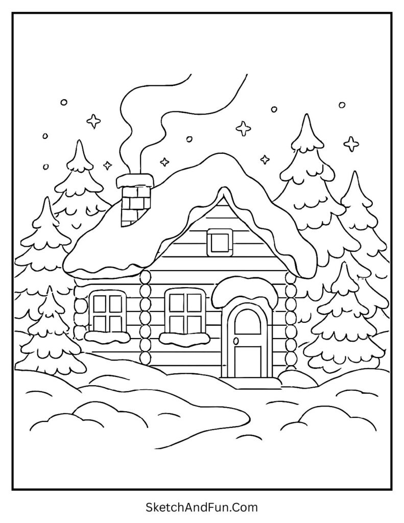 Snowy cabin with chimney smoke for aesthetic coloring pages winter theme.