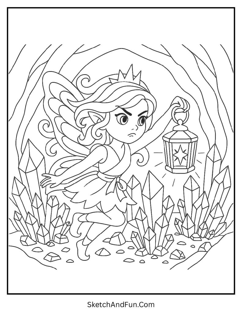 Fairy exploring glowing crystal cave with lantern for fairy coloring pages for adults.