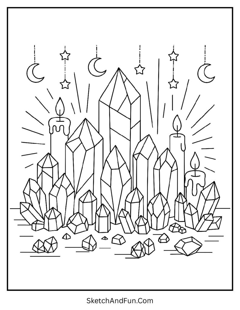 Table of crystals and moon charms for aesthetic coloring pages black and white.