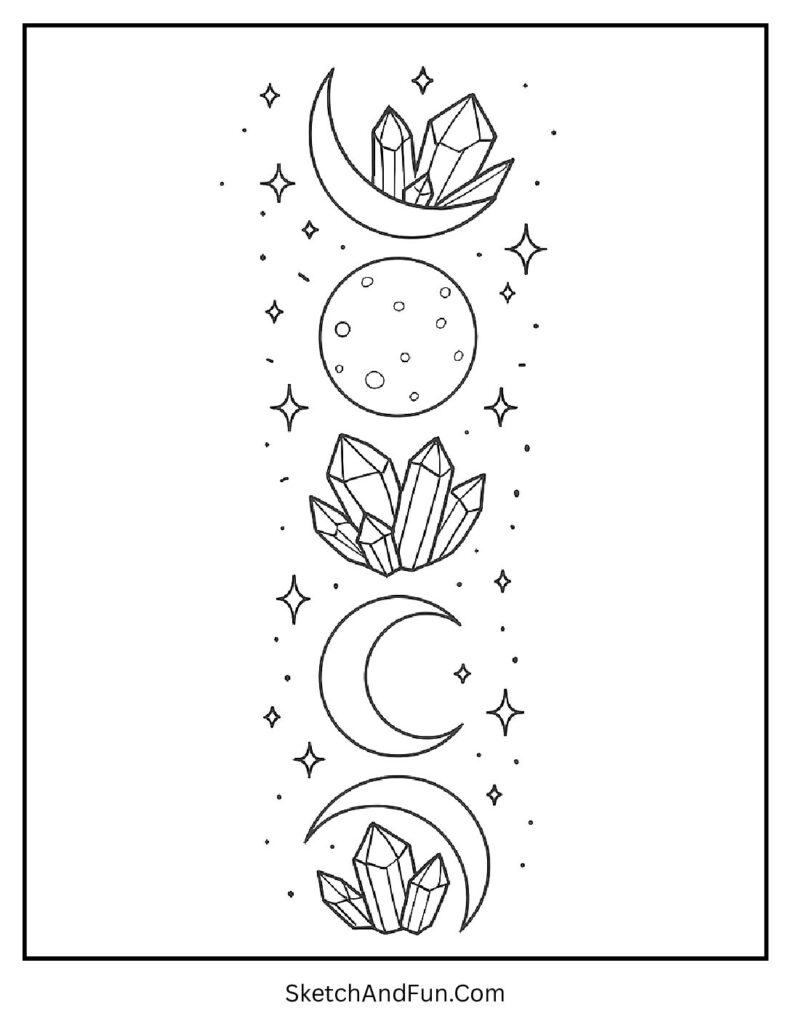 Moon phases with crystals for aesthetic mandala coloring pages.