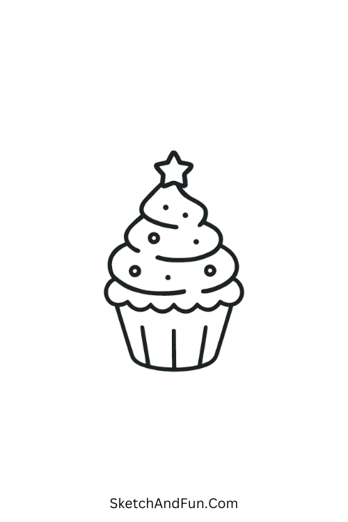 Christmas doodle drawings of a cupcake decorated like a Christmas tree.