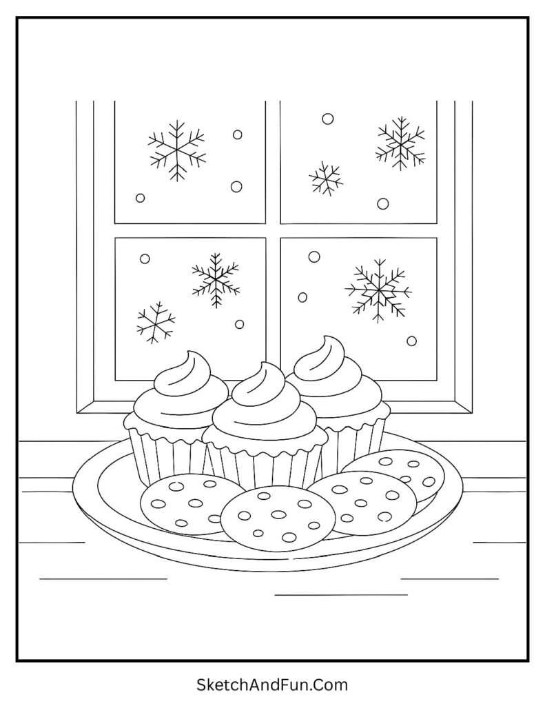 Cookies and cupcakes by window in cozy coloring pages cute characters