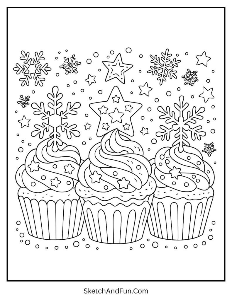 Cupcakes with snowflake frosting for winter coloring pages simple.