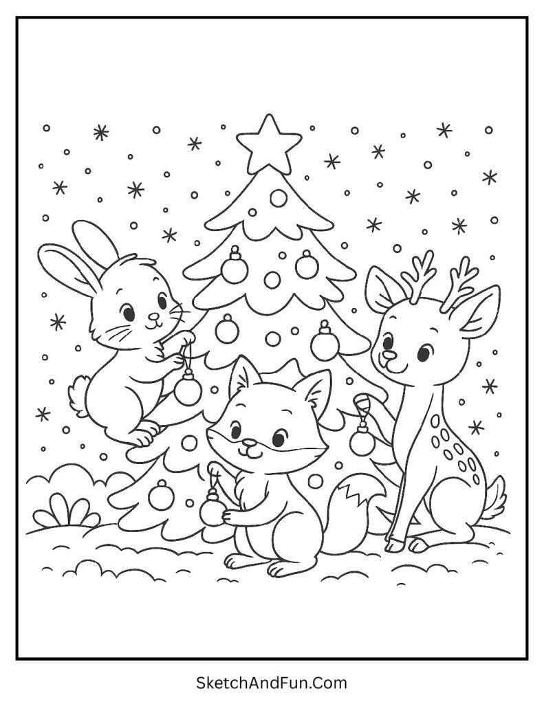 Cute forest animals decorating together for easy christmas tree coloring pages.