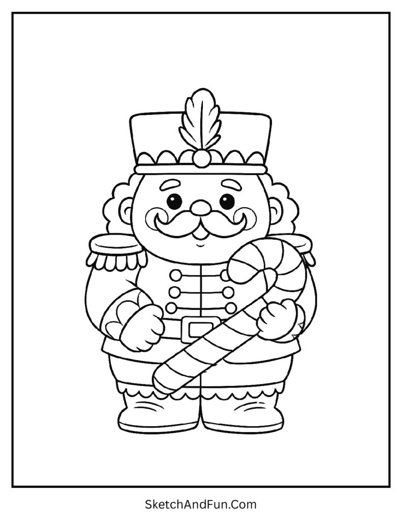 Cute baby Nutcracker with candy cane from nutcracker coloring sheet detailed.
