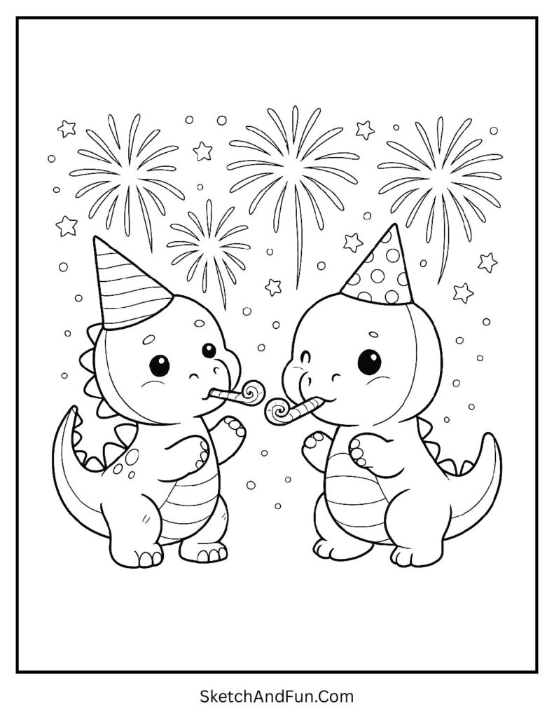 Dinosaurs celebrating 2026 – new year coloring pages for adults relaxing