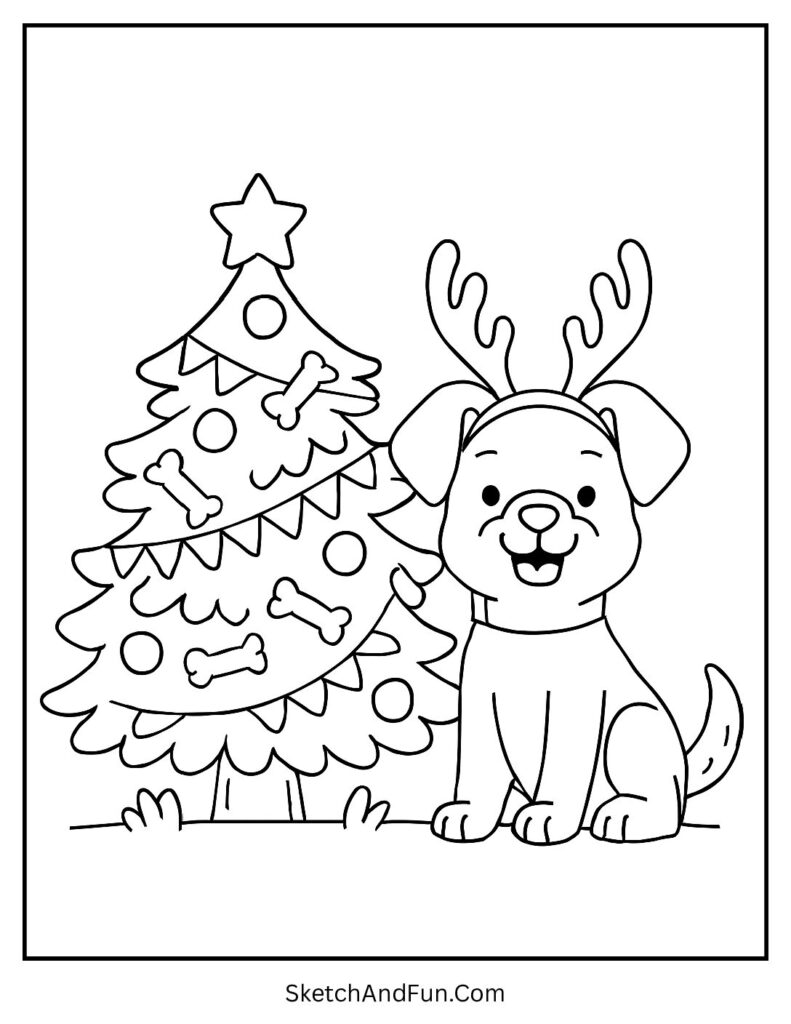 Puppy near glowing tree for simple christmas tree coloring sheets.