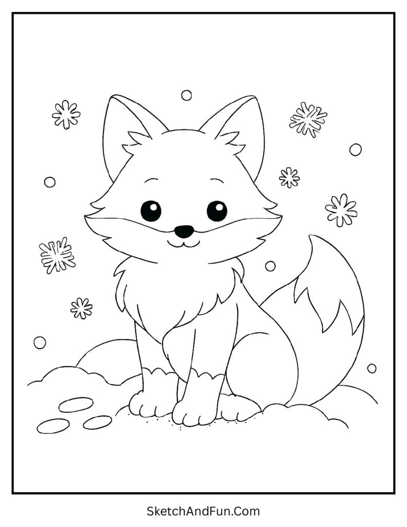 Fluffy fox resting in snow for winter nature coloring pages.