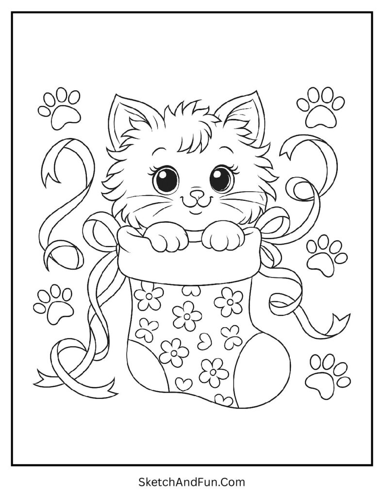 Cute Kitten Stocking – Christmas stocking coloring sheet printable with kitten and paw prints.