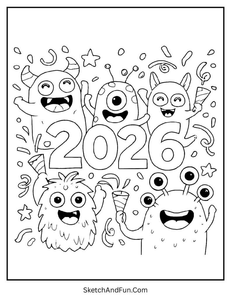 Funny monsters party – new year colouring pages kids uk free
