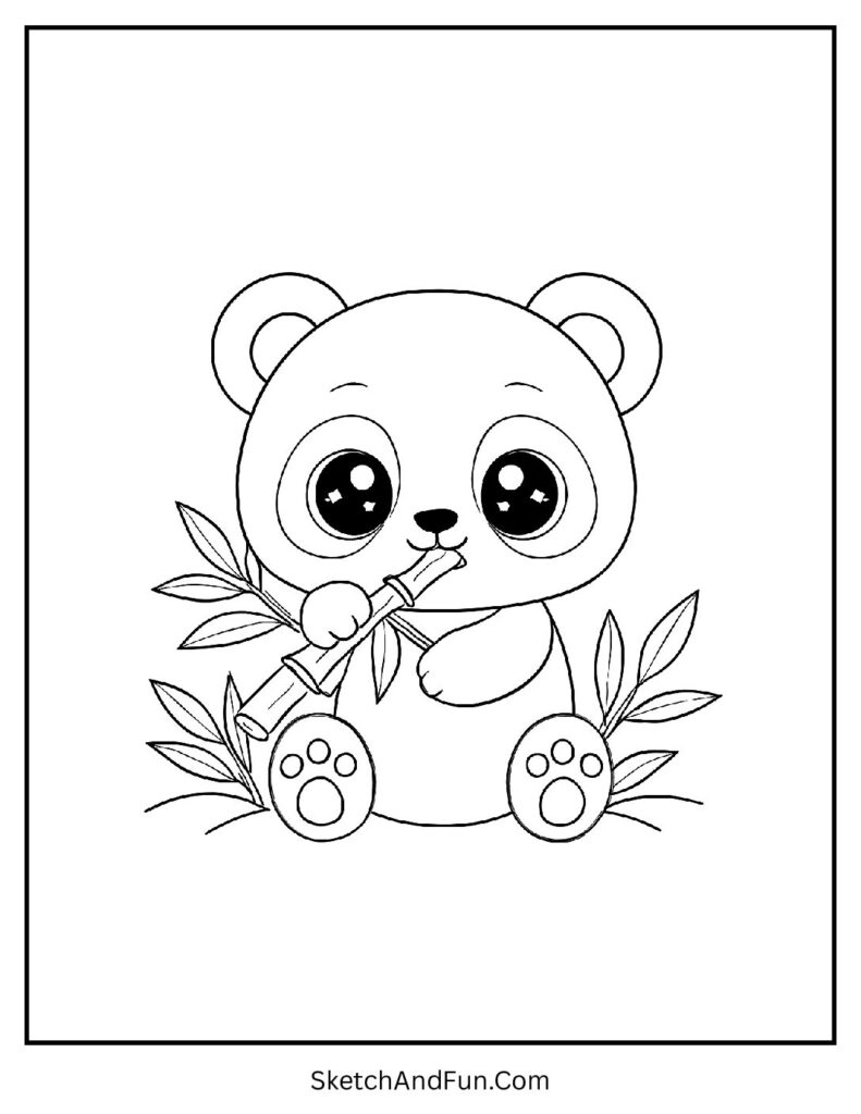 Tiny panda eating bamboo in kawaii coloring pages panda with sparkling eyes.