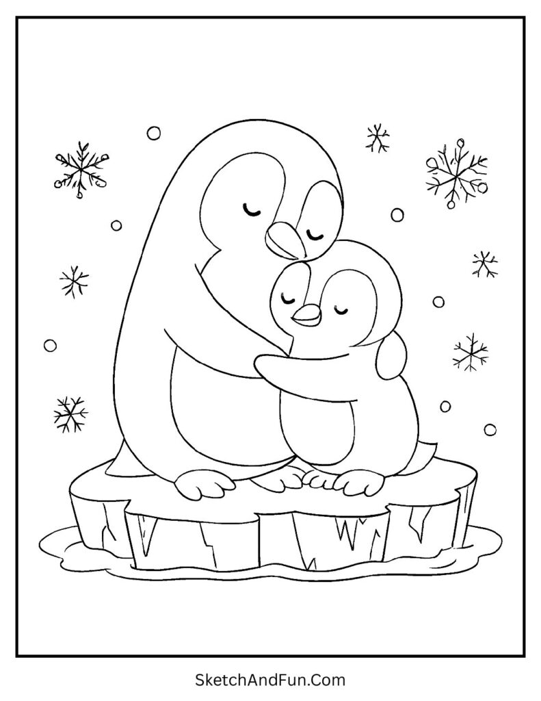 Penguin family hugging on iceberg for winter coloring pages printable PDF.