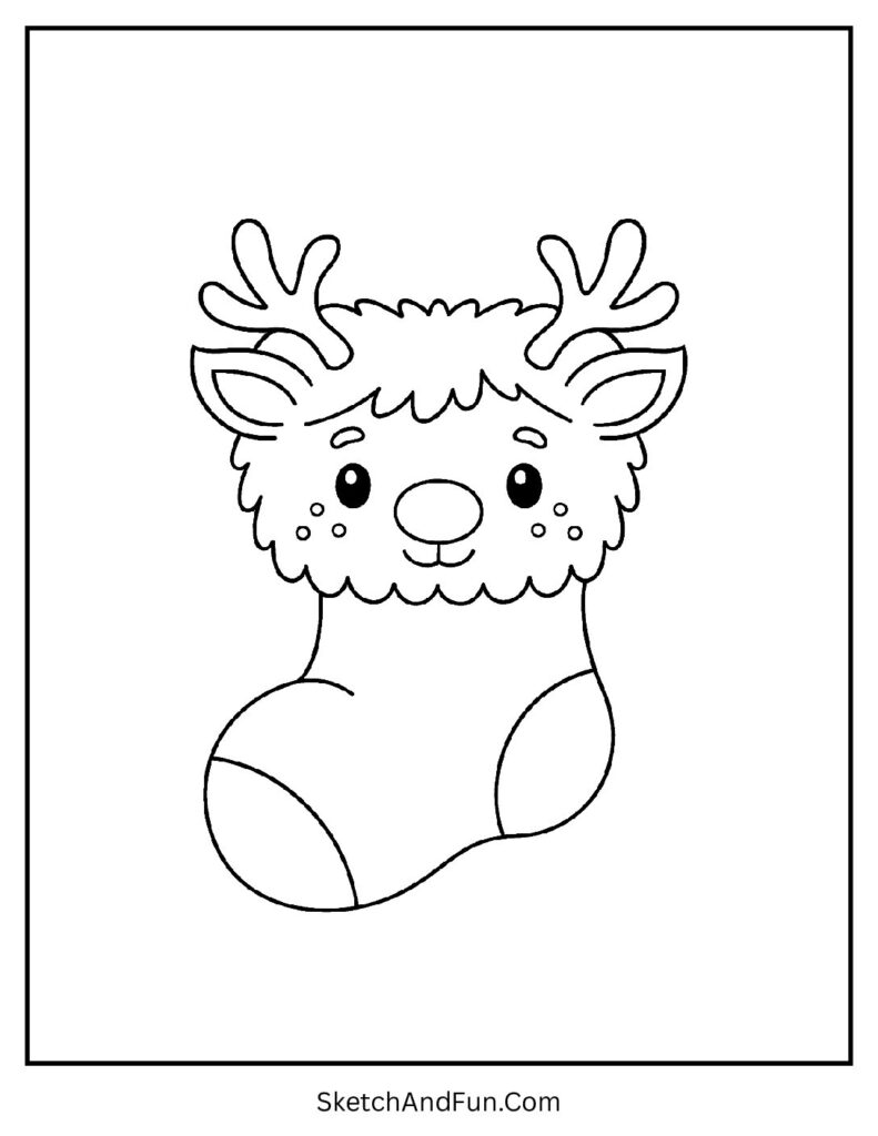 Cute Reindeer Stocking – simple Christmas stocking coloring pages with a reindeer face and red nose.