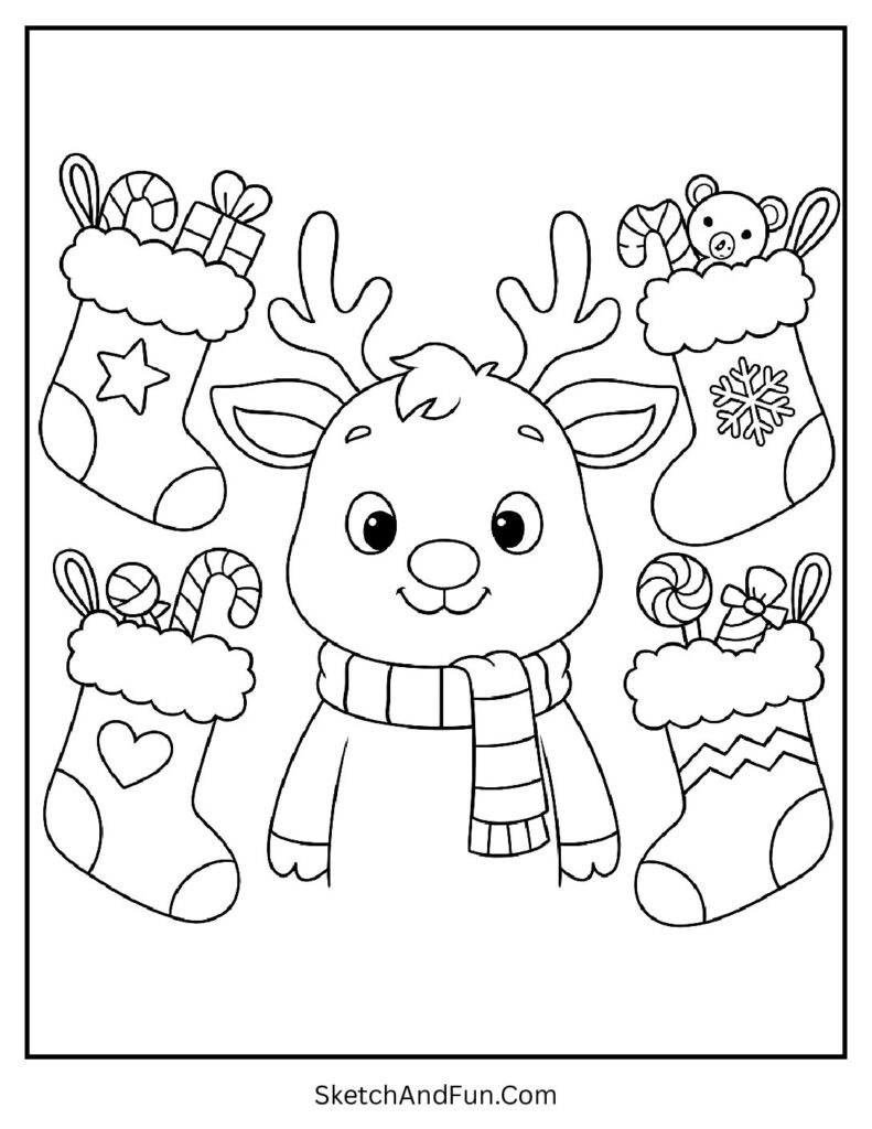 Reindeer with stockings and candy near fireplace – reindeer coloring sheet free