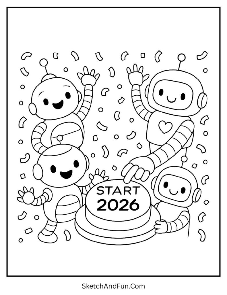 Robots celebrating 2026 – new year word art coloring page printable