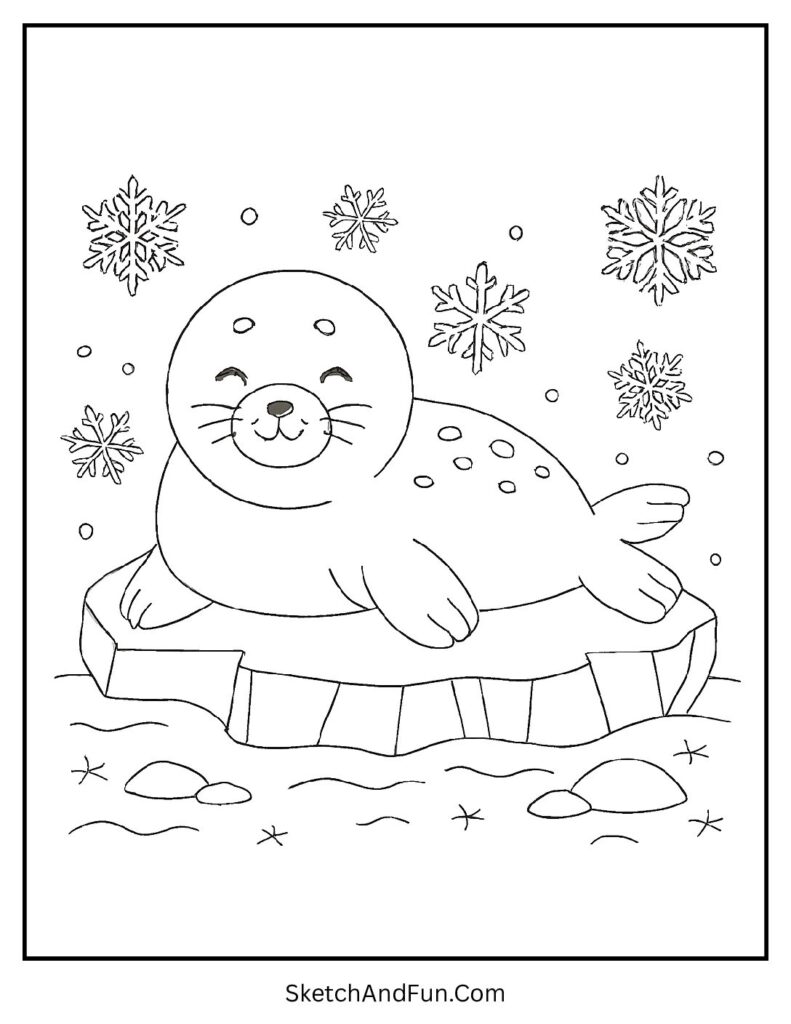 Smiling baby seal on ice for winter coloring pages no color.