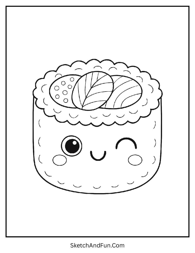 Sushi roll winking face in kawaii coloring pages food playful and fun.