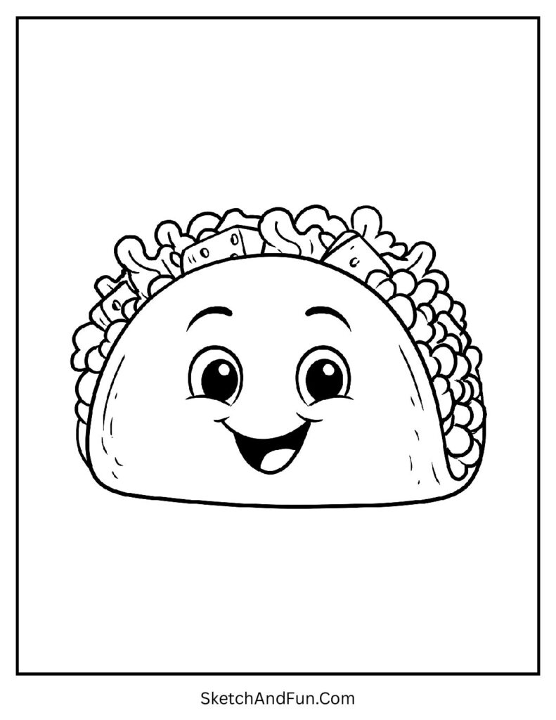Taco with playful grin in kawaii coloring pages food cheerful and fun.
