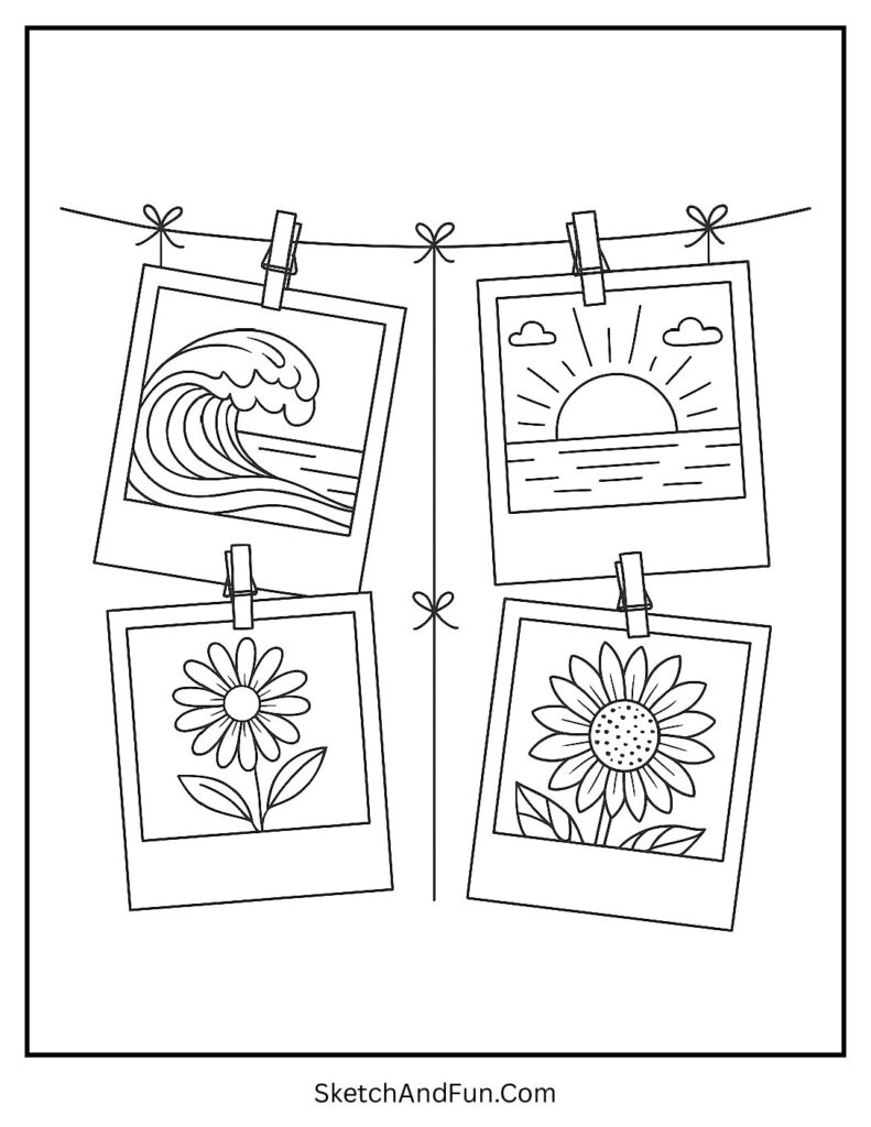 Hanging polaroids of sunsets and waves for kawaii aesthetic coloring pages.