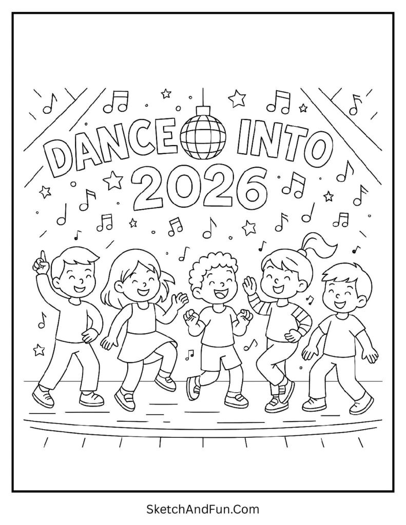 Dancing kids party scene – new year coloring pages for kids