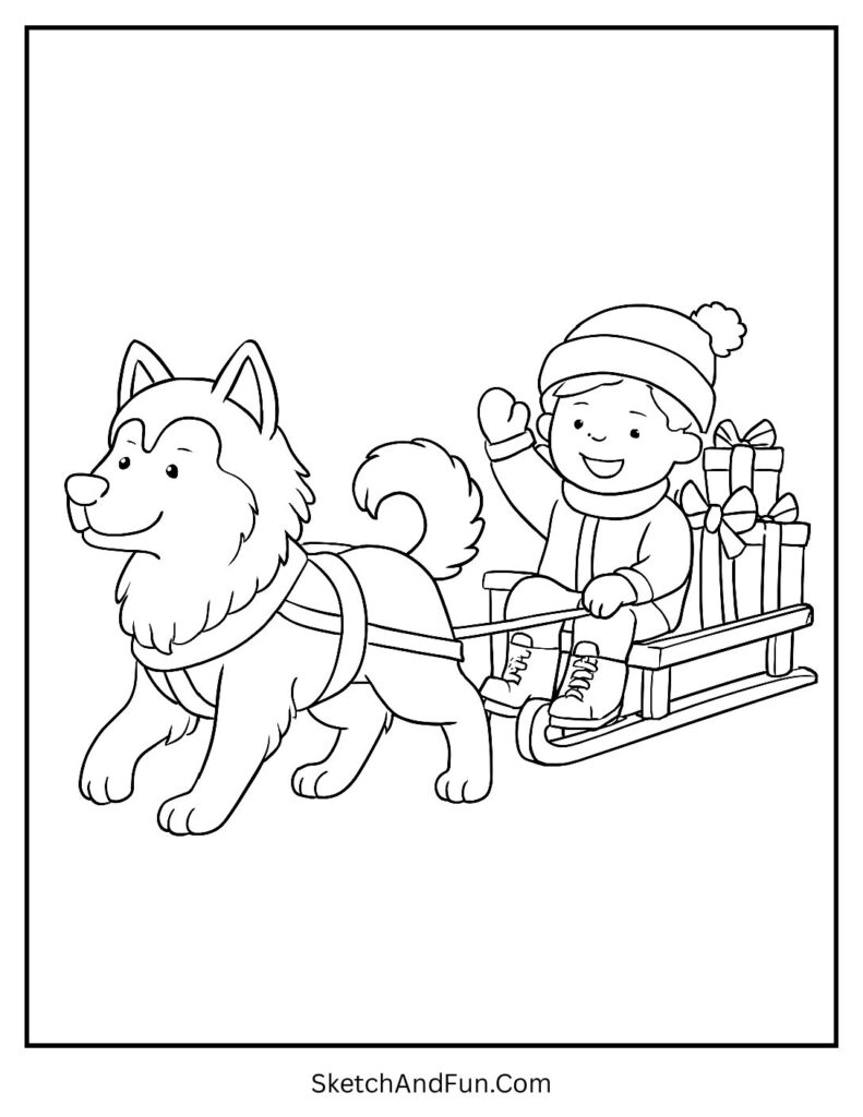 Husky pulling sled of gifts for winter coloring activity pages.