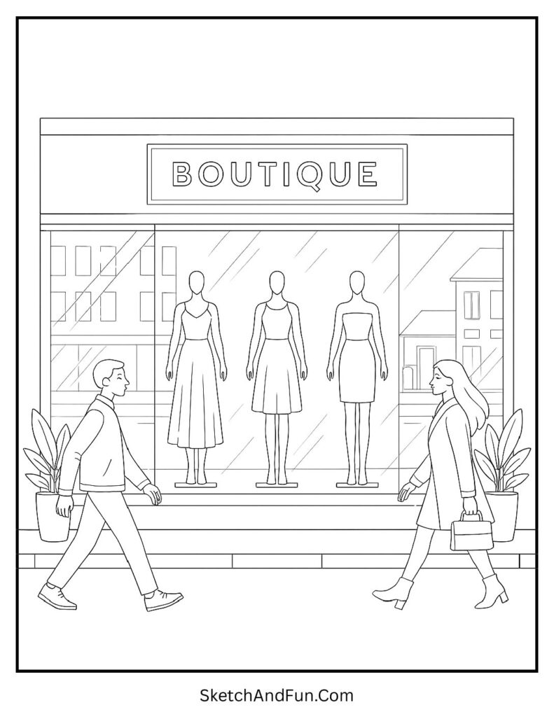 Modern downtown boutique with mannequins for storefront coloring pages pdf.