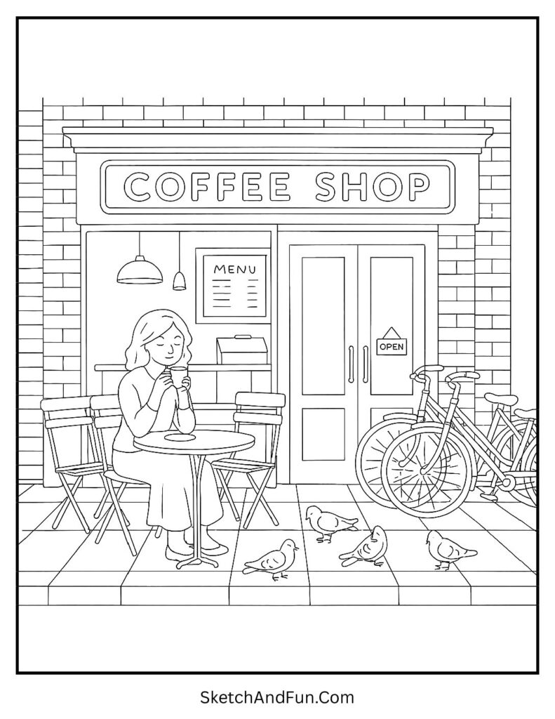 Cozy café scene with tables and bicycles for cozy storefront coloring pages.