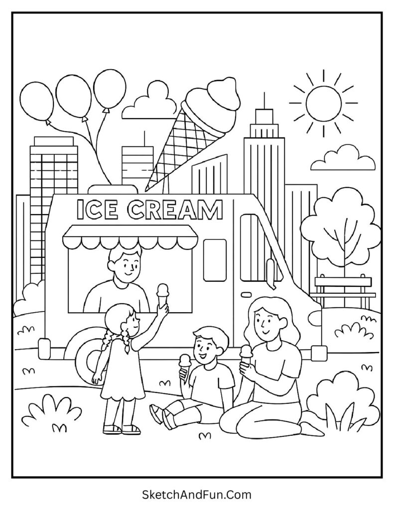 Ice cream truck coloring page with families, balloons, and summer fun