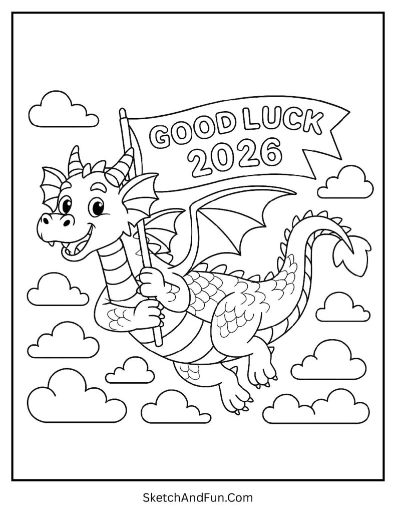 Dragon flying good luck 2026 – new year coloring sheet printable for birthday new year combo
