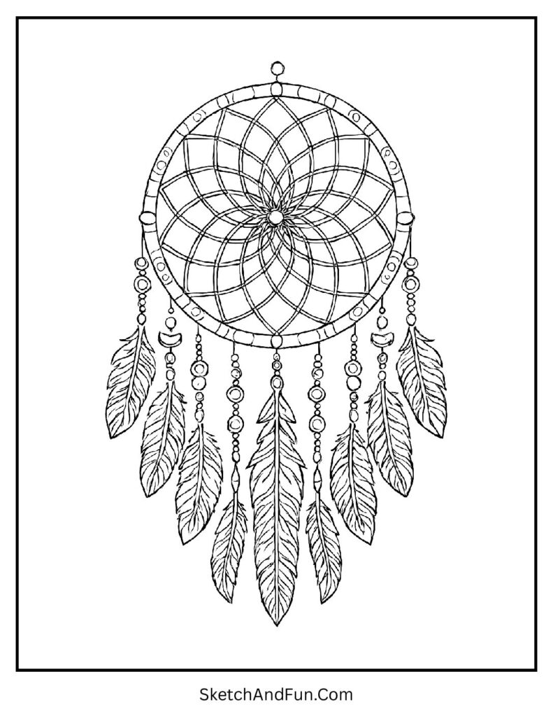 Feathers and beads dreamcatcher for aesthetic coloring pages for mindfulness.