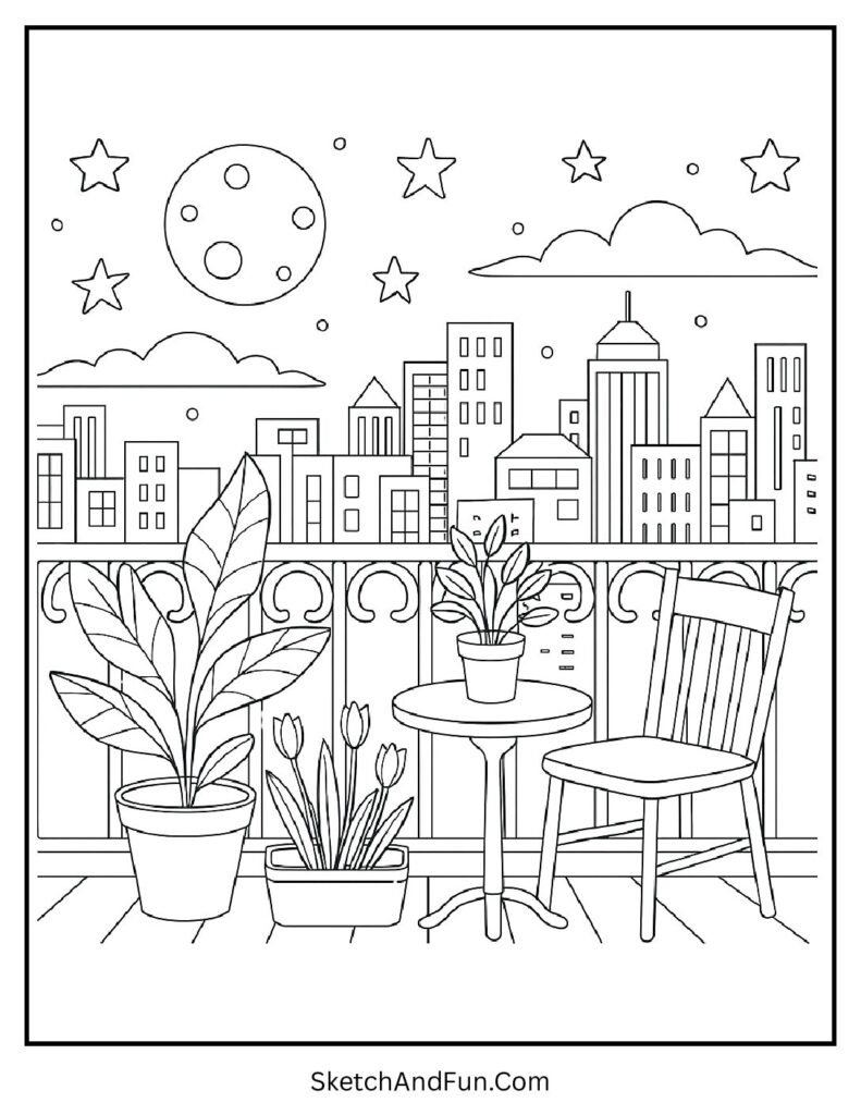 Balcony view of glowing city lights for aesthetic coloring pages teen.