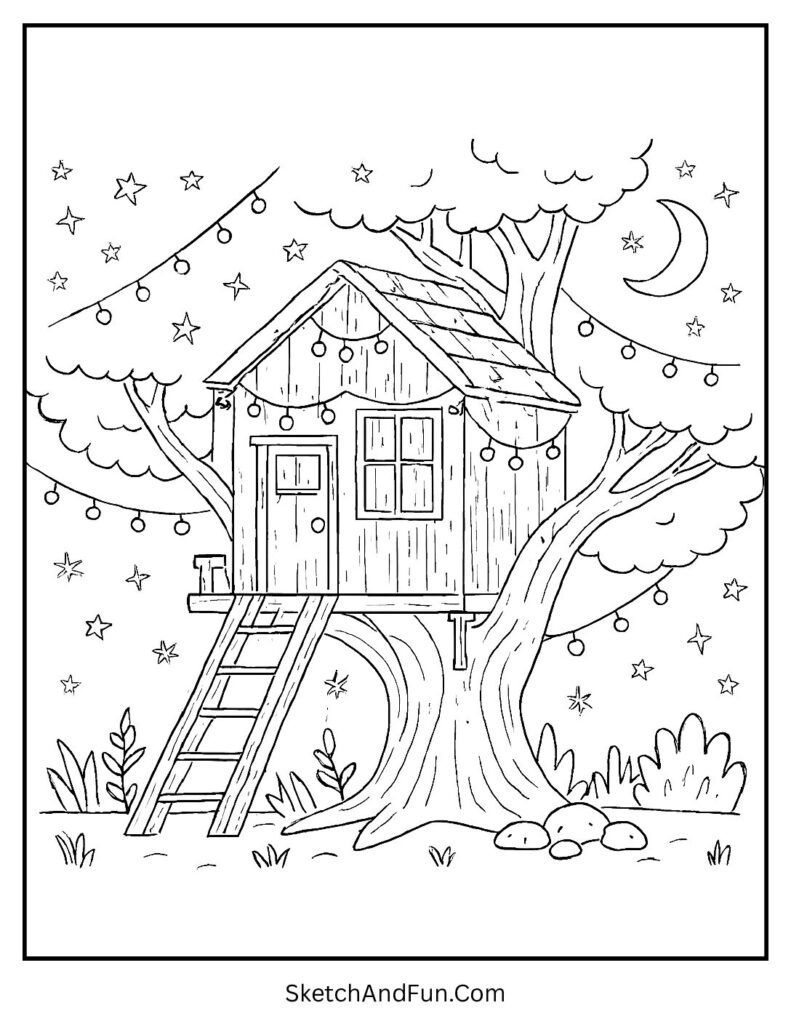 Treehouse lights scene from cozy coloring pages for teenagers