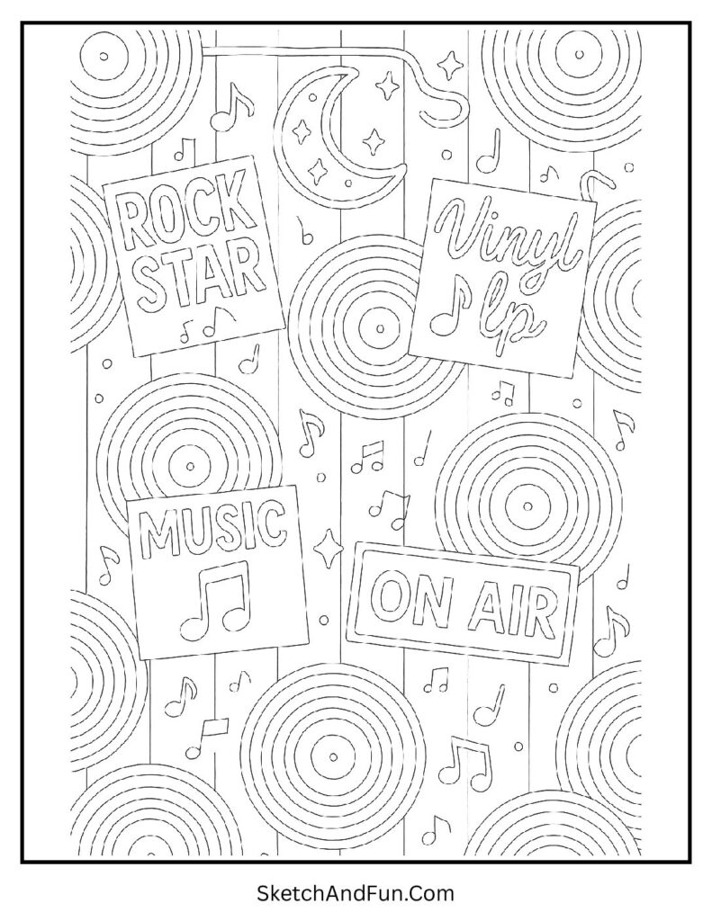 Vinyl wall with posters and neon lights for ultimate aesthetic coloring pages collection.