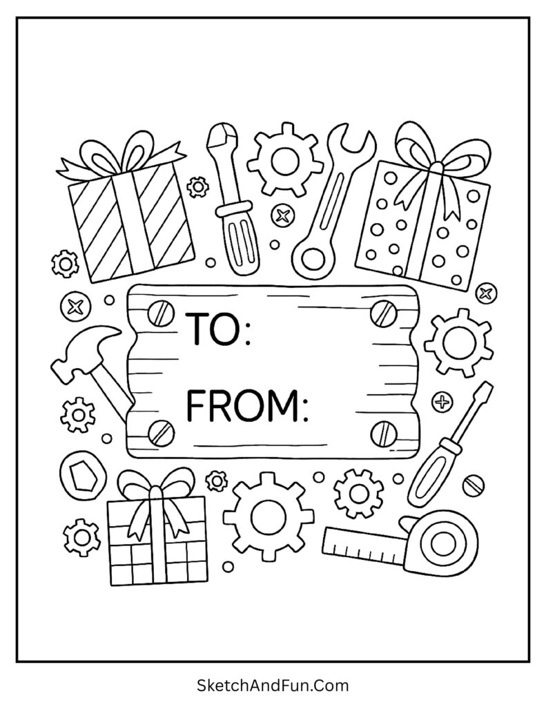 Christmas gift tag coloring page template with toy workshop details.