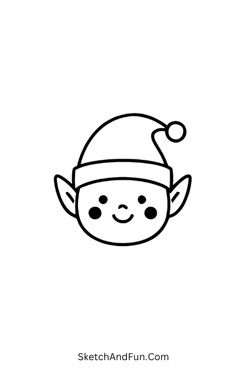 Christmas elf drawing with a smiling elf face, rosy cheeks, and pointy hat.