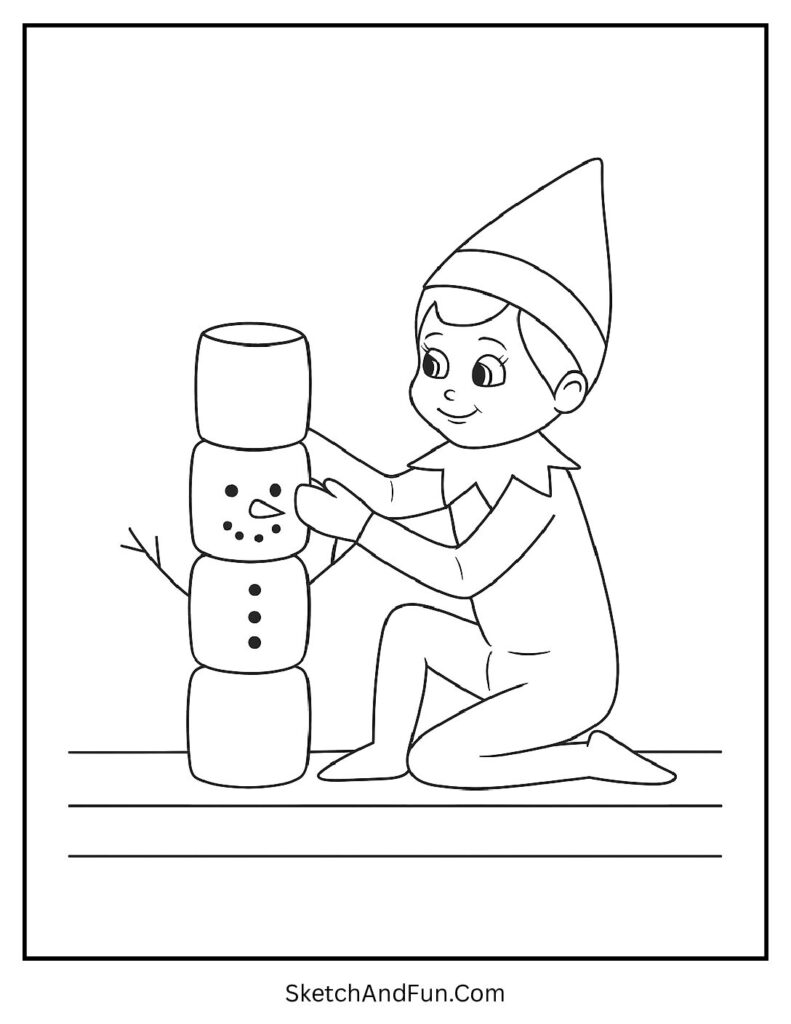 Elf making snowman in elf on the shelf coloring pages detailed design.