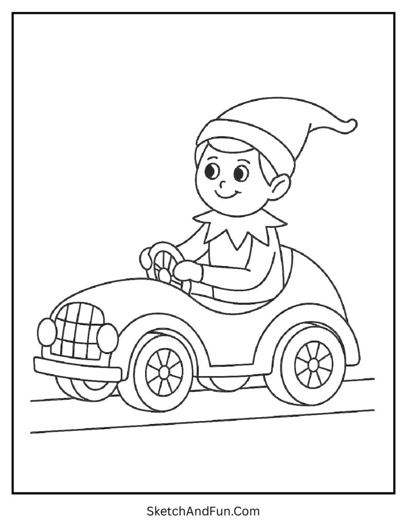 Elf driving toy car in elf on the shelf coloring sheet free design.