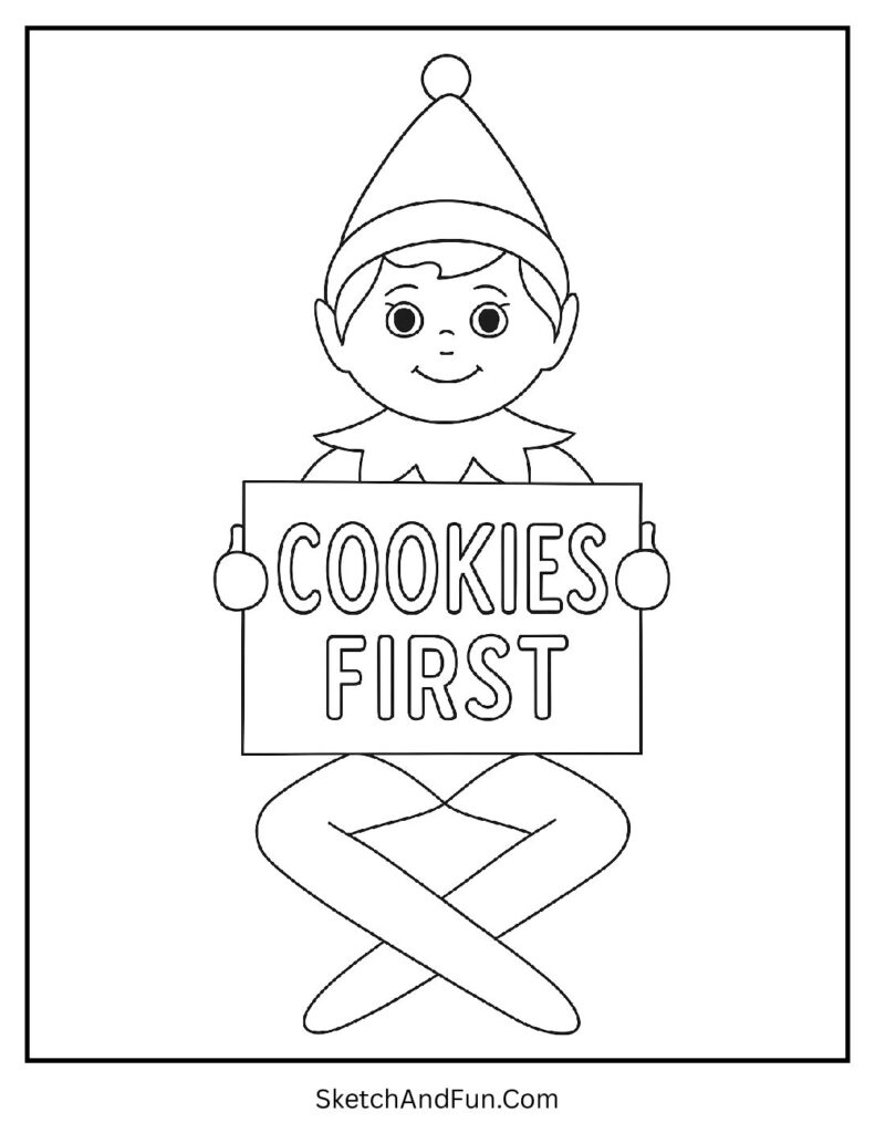 Elf with “Cookies First” poster in elf on the shelf coloring pages simple design.