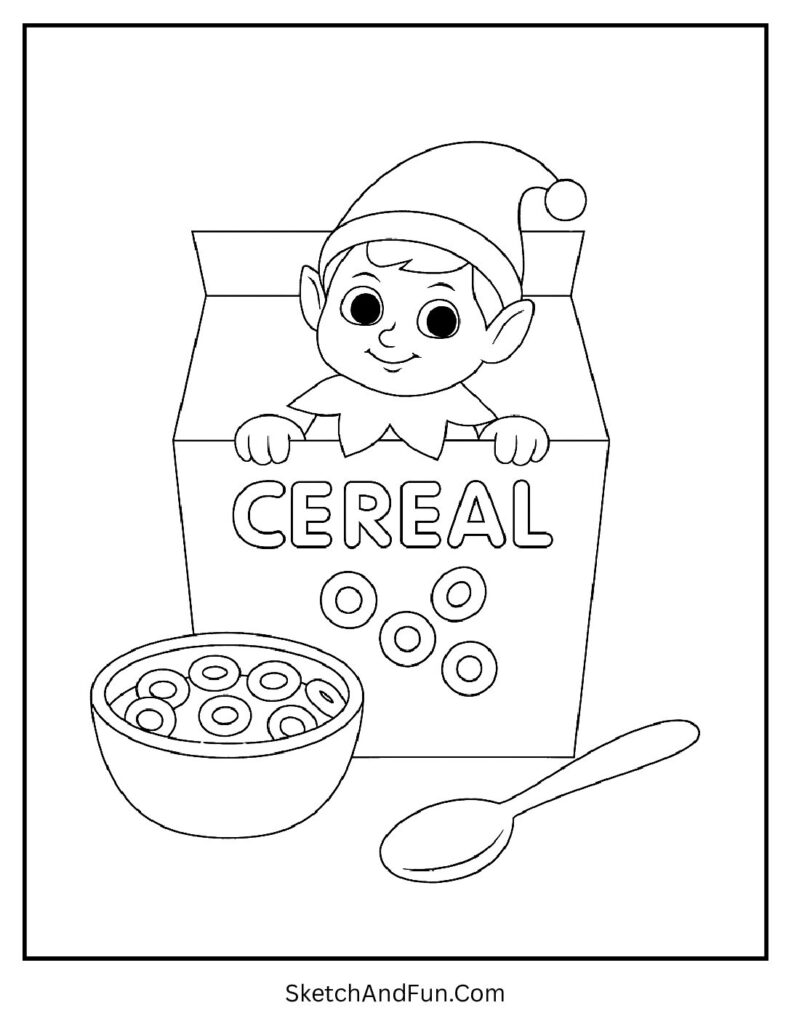 Elf inside cereal box in elf on the shelf coloring sheet free printable page.