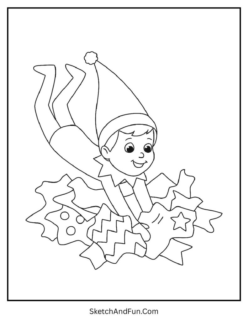 Elf on the Shelf Jumping into Wrapping Paper Coloring Page pdf