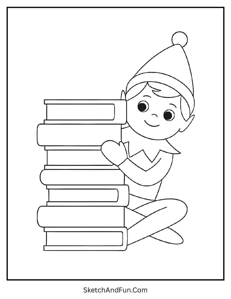Elf hiding behind books in elf on the shelf coloring pages for kids printable.