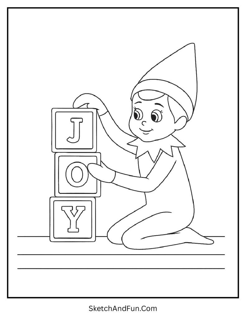 Elf stacking blocks in elf on the shelf coloring pages by the numbers sheet.