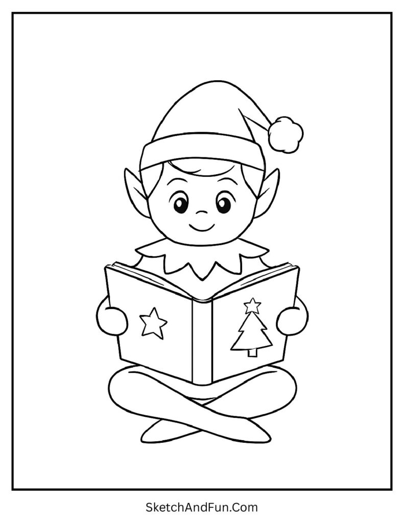 Elf reading holiday book in elf on the shelf coloring pages black and white.