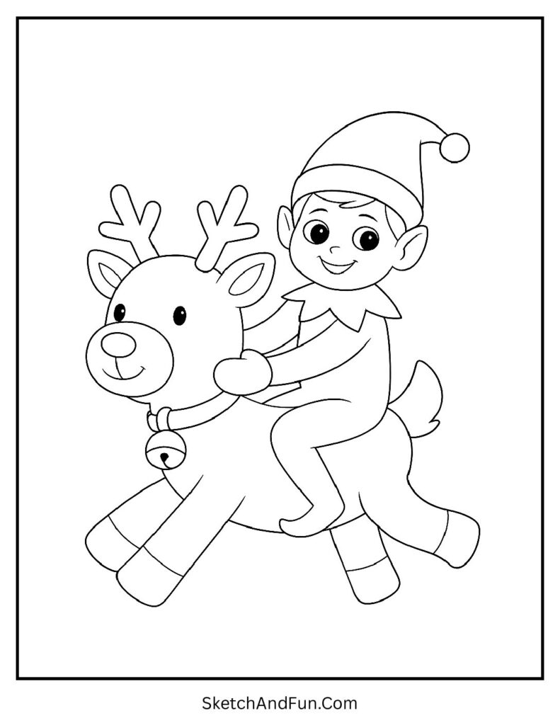 Elf riding toy reindeer in elf on the shelf coloring pages with reindeer set.
