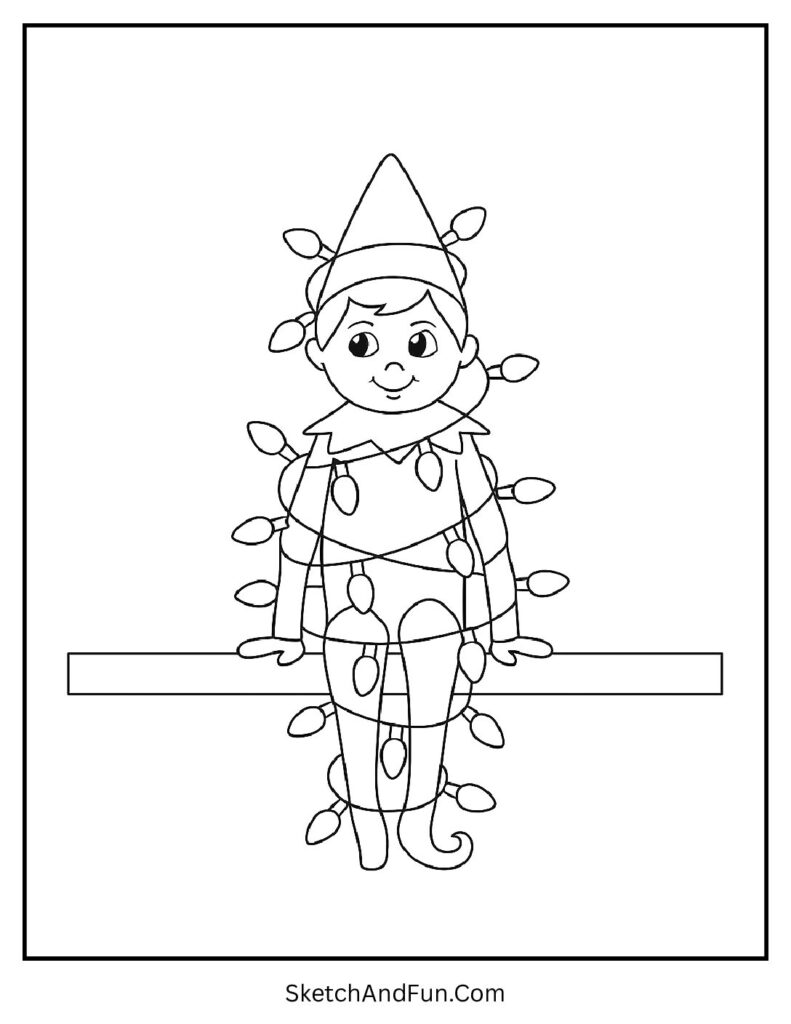 Elf wrapped in lights in elf on the shelf coloring pages large print version.