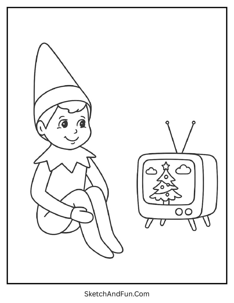 Elf watching mini TV in elf on the shelf coloring pages free printable.