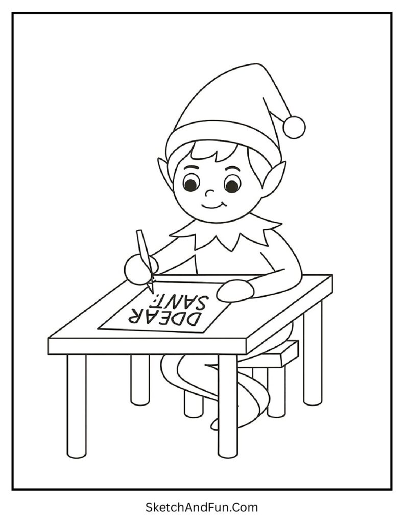 Elf writing Santa letter in elf on the shelf coloring sheet printable design.
