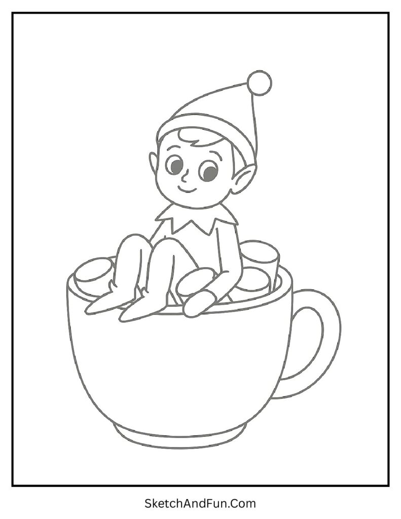Elf in hot chocolate mug in elf on the shelf coloring pages for parties pack.