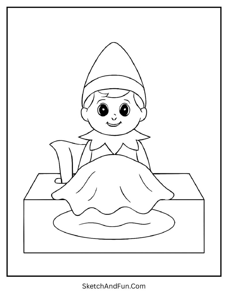 Elf resting in tissue bed in elf on the shelf coloring pages for toddlers sheet.