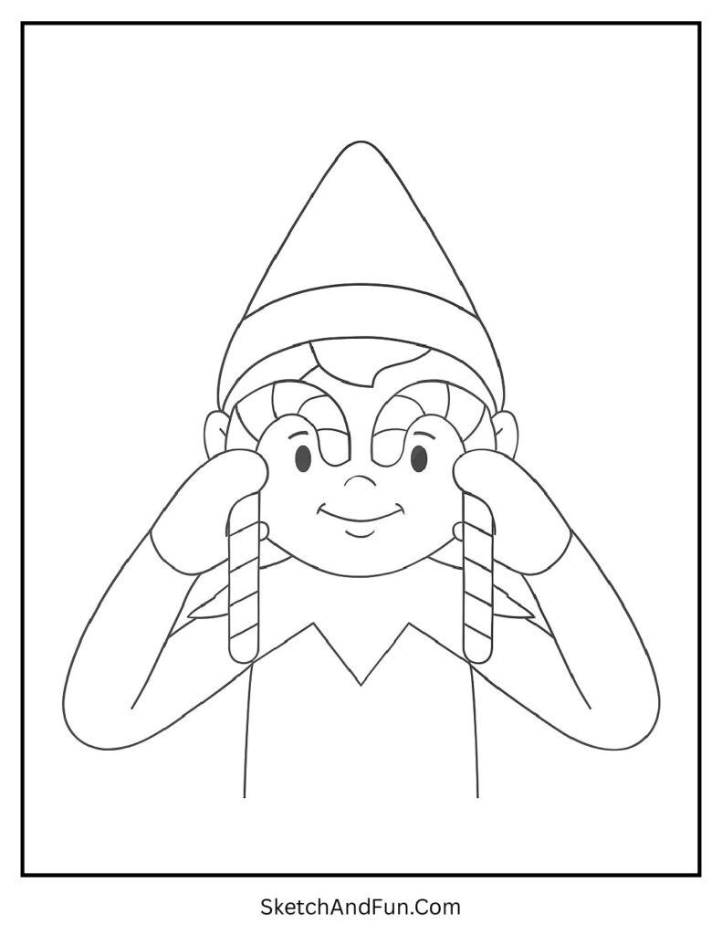Elf with candy cane binoculars in elf on the shelf coloring pages custom personalized.